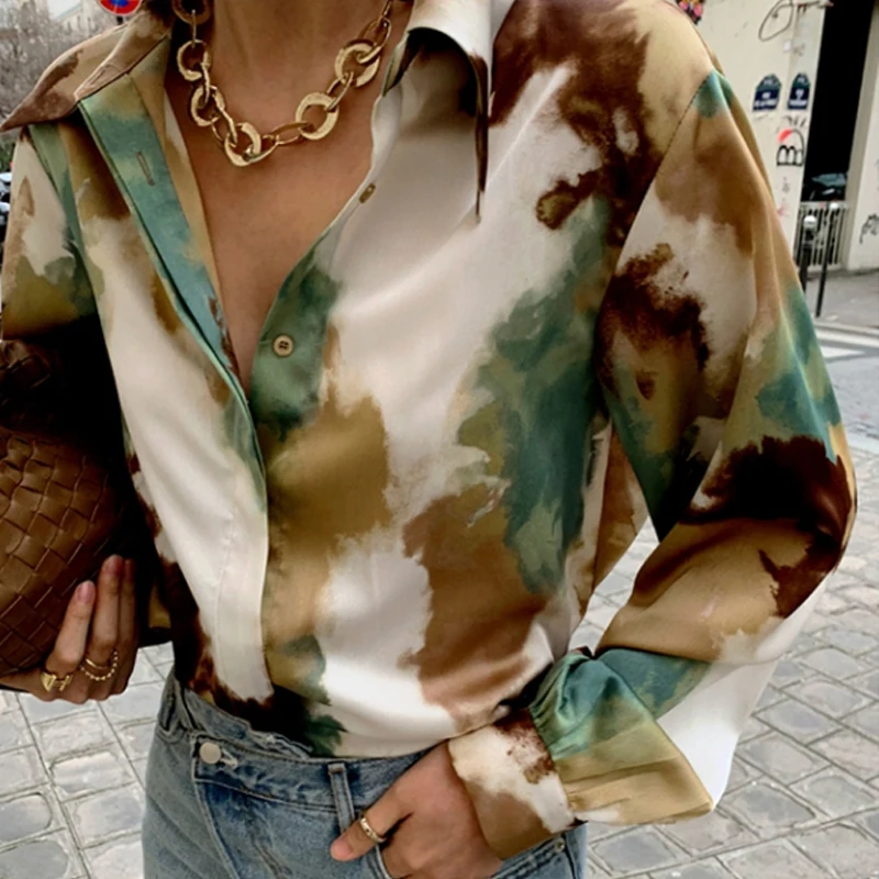 

2021 Spring Women Fashion Vintage Blouse Turn-down Collar Long-sleeved Long Sleeve Panelled Green Print Loose Shirt 66049#