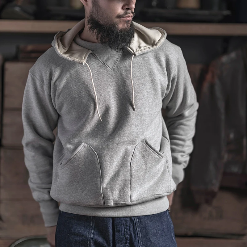 

Bronson 1930s Mens Hoodie Attached Hood Heavy Cotton Sweatshirt Solid Color Grey