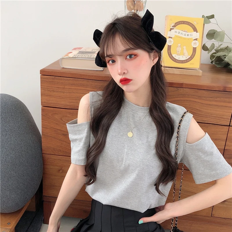 

Lucyever Fashion O-neck Off Sleeve Short Sleeves Women Summer Comfortable Cotton T Shirts Woman 2021 Korean Slim Fit Top Mujer