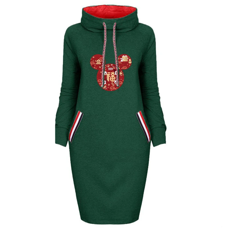 

2021 Women Dress Mickey Minnie Cartoon Print Fake Pocket Long Sleeve Thin Bodycon Dresses Casual Vintage Woman Party Vestidos