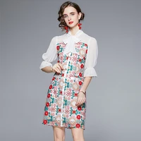 fashion floral embroidery mesh dress women temperament designer bow neck flare sleeve beaded buttons party robe dress femme