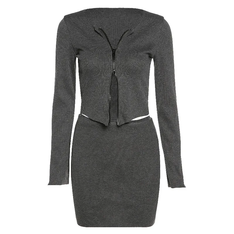 

2020 Fall/Winter Women's Long-sleeved Zipper Cardigan High Waist Bag Hip Skirt Casual Suit Clothing Set