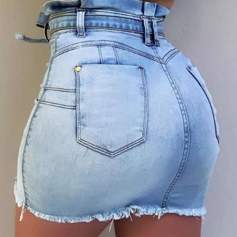 

High Waist Elastic Bandage Denim Mini Skirts Sexy Single-breasted Street Casual Hip Bag Stretch Bodycon Patchwork Sashes Skirts