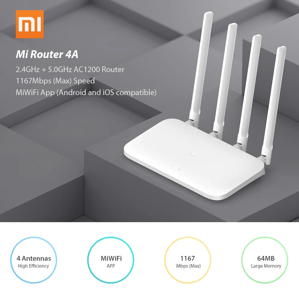 Xiaomi Mi роутер 4A Беспроводной Wi-Fi 2 4/5 0 GHz Dual Band 1167 Мбит/с ретранслятор 4 антенны 64 Мб