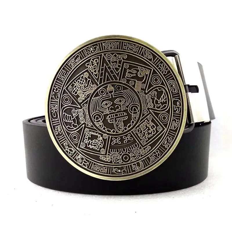 Black PU Leather Men Belts Casual with Bronze Aztec Mayan Calendar Round Big Metal Buckle Western Cowboy Male Accessories Gifts