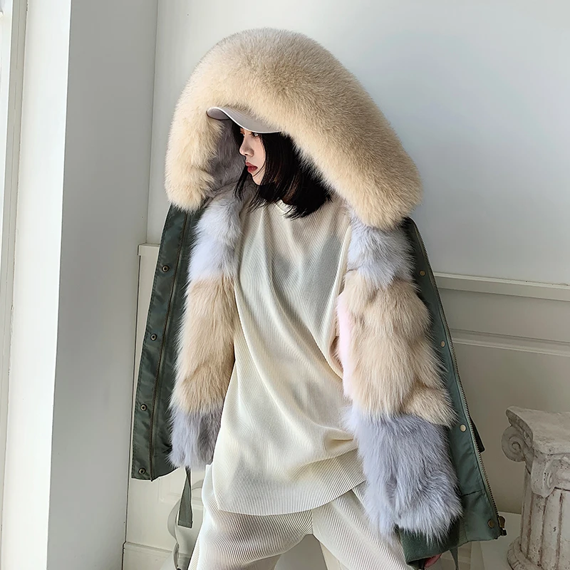 New Korean Real Fox Fur Bomber Jacket Female Winter Waterproof Coat 2021 Fox Fur Liner Hooded Parka Outerwear Streetwear Women