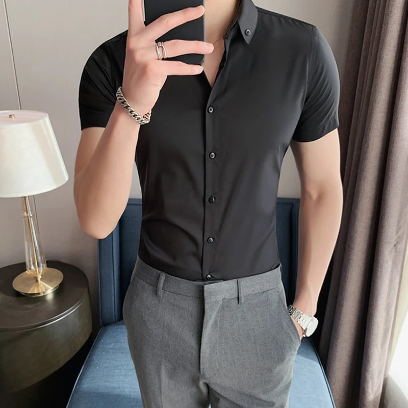 Рубашка мужская приталенная с коротким рукавом модная повседневная на пуговицах