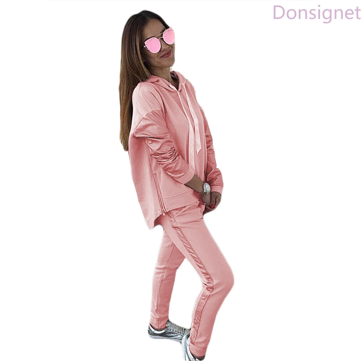 

Donsignet Women's Suit New Fashion Summer Loose Casual Two-piece Suit Hooded Collar Pullover Stitching Drawstring Formal
