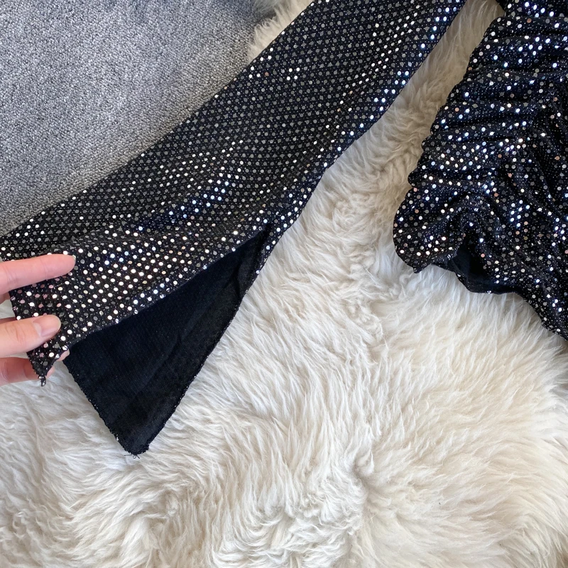 

Women Elastic Ruched Blouse Spring Square Collar Flare Sleeve Tops Korean Solid Sequins Streetwear Short Blouses