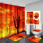 Оранжевый фланелевый коврик для ванной с пейзажем заката, коврики для туалета, тканевые занавески для душа с 12 крючками, домашний декоративный набор для ванной комнаты