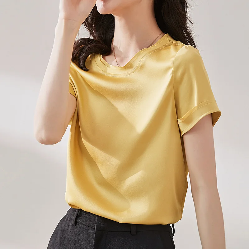 

Silky Satin Women Tshirts Casual O-Neck Short Sleeve Basic Streetwear Harajuku Oversized Tees Top Female Clothing