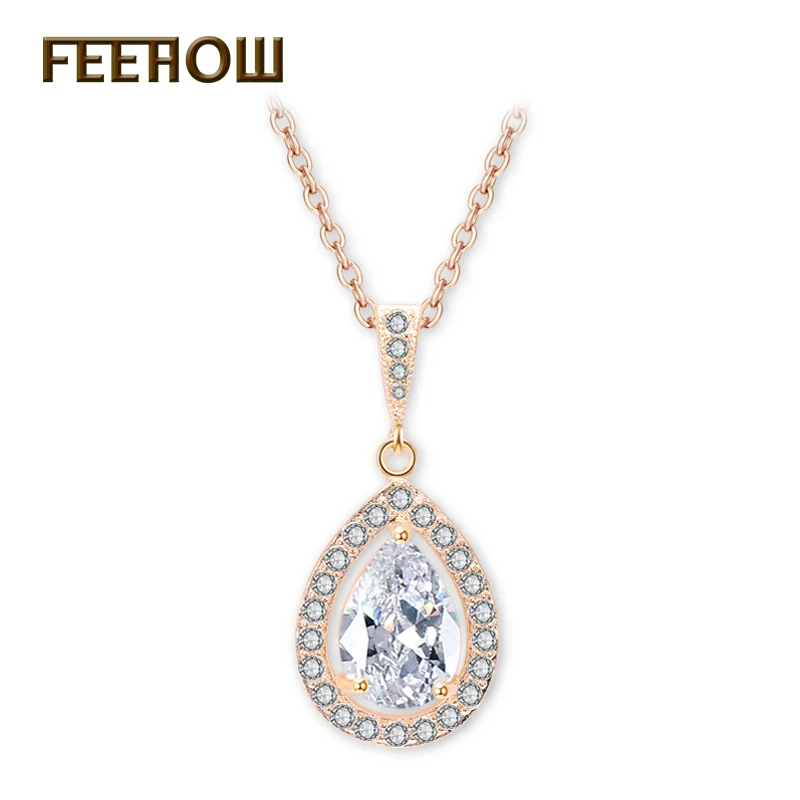 FEEHOW Новый AAA капли воды кубического циркония кулон ожерелья Мода Прозрачный