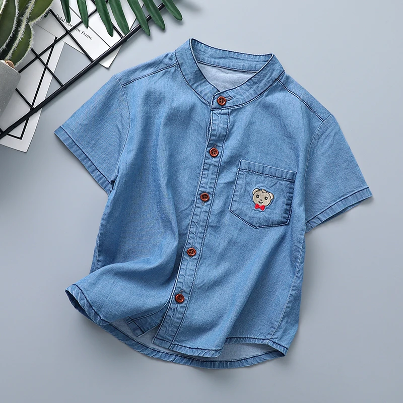 Детские моющиеся джинсовые рубашки с вышитым медведем шелковые короткими