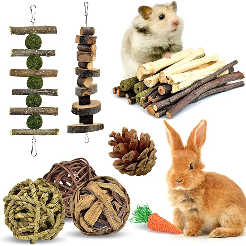 

Rabbit Toys, Hamster Small Animals Treats Bunny Chinchilla Chew Toy for Teeth Natural Apple Wood Sticks Boredom Breaker