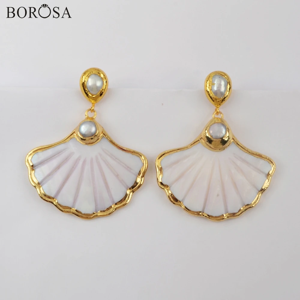 BOROSA 3/5 пар стильных; Американская Спортивная куртка; Белый сережки в виде ракушек с перламутровыми бусинами вентилятор ручной работы корпус с рисунком Длинные Висячие серьги ювелирных изделий G1897-E