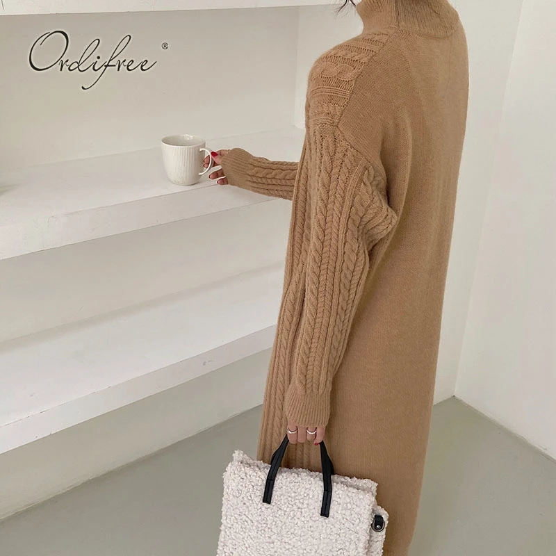 

2021 Autumn Winter Women Knitted Dress Long Sleeve Casual Sexy Slit Turtleneck Sweater Dress