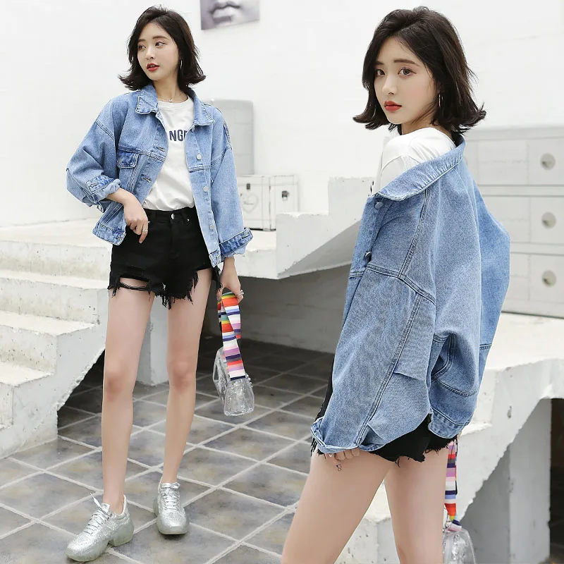 

Blue Jean Jacket Coat Women Spring Autumn Korean Loose Batwing Sleeve Cropped Jacket Female Fashion Single Breasted Denim Coats