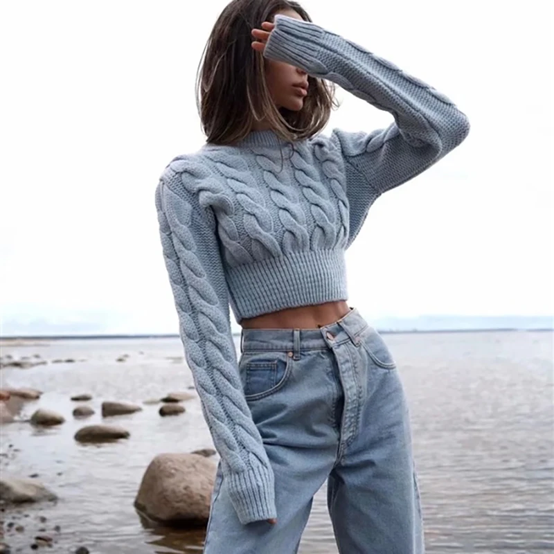 

Женский винтажный укороченный свитер, пуловеры с круглым вырезом, плотное пальто, вязаные женские свитера, новая зимняя одежда 2021