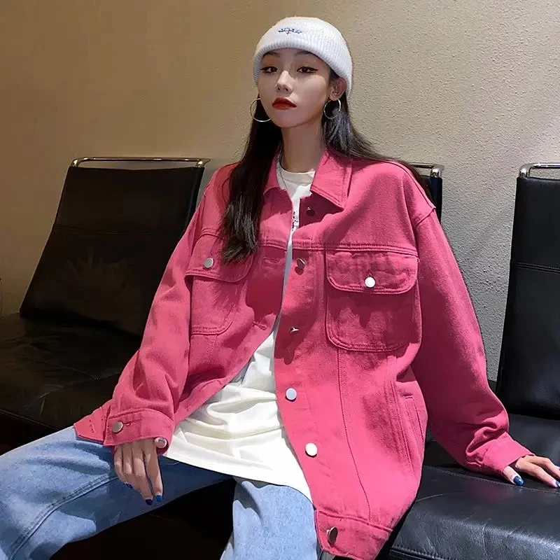 

Harajuku Pink Denim Jacket Women Streetwear Oversized Long Sleeve Jean Jacket Spring Vintage Loose Coat Chaquetas De Mezclilla
