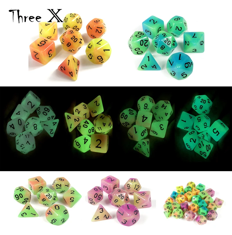 Новое поступление! 7 шт./компл. Светящиеся в темноте разные Цвет кости D4 D20