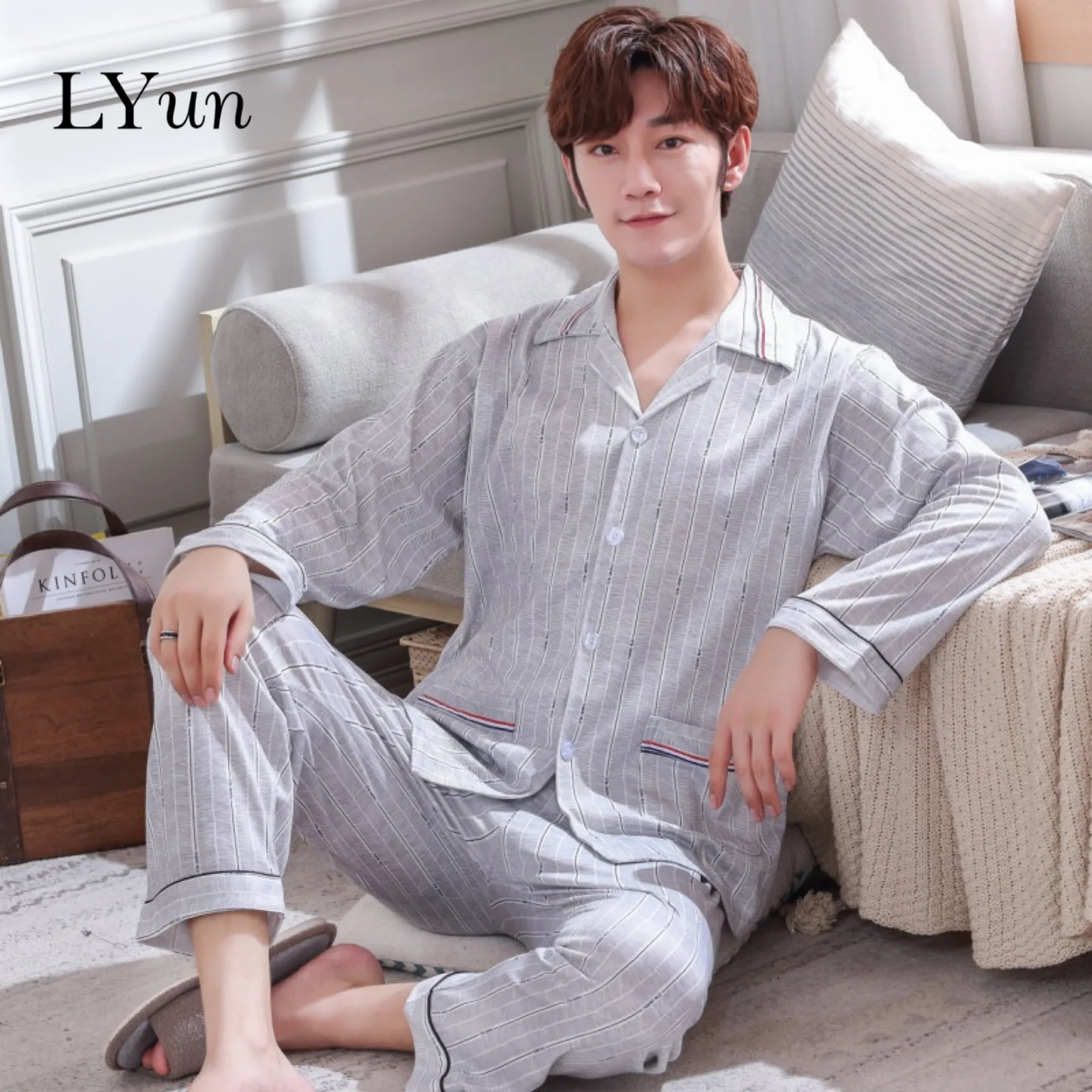 LYun весенние и осенние мужские хлопковые пижамы клетчатые большие размеры для сна