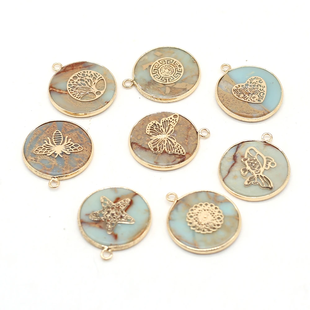 

Retro Round Pendant Natural Stone Ocean Ore Gilt Edge Charm for Jewelry Making DIY Necklace Dangler Accessories Gift 26x30mm