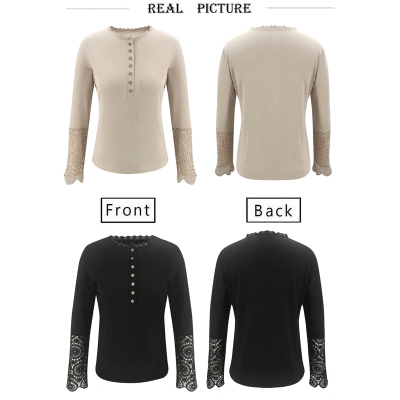

2020 New Autumn V-Neck Top Sexy Solid Color Button Lace Stitching Top Casual Long-Sleeved Straight T-Shirt