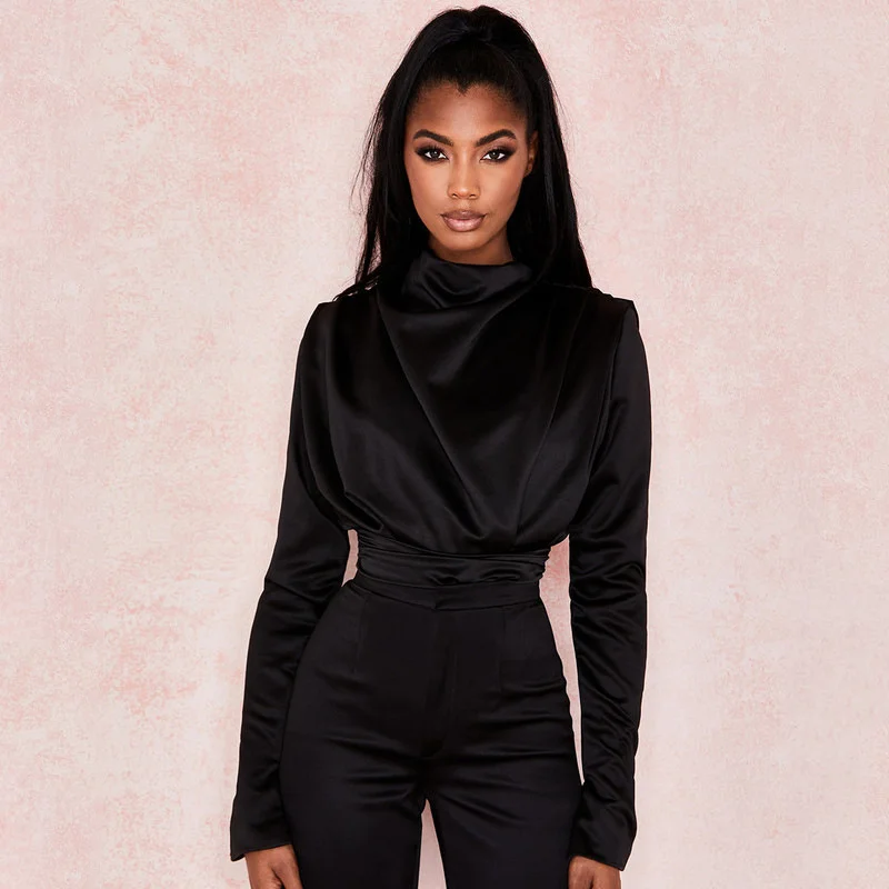 

2020 spring new women's high neck Satin pleated sexy open back Jumpsuit