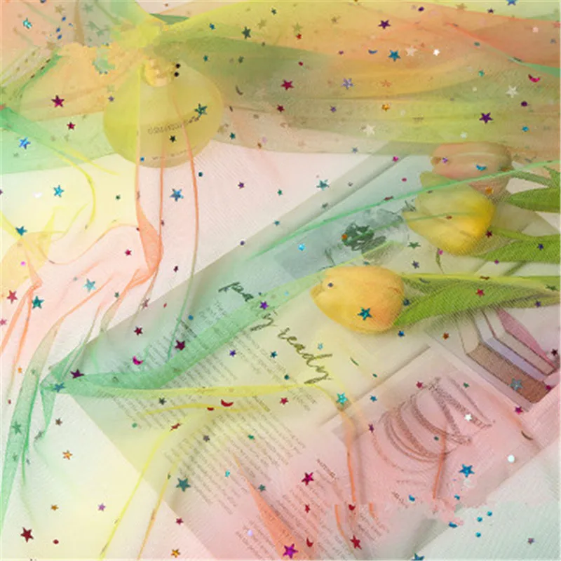 Радужная сетчатая ткань с блестками градиентный цвет сетка пряжа звезды луна