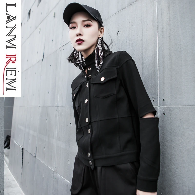LANMREM 2020 Весенняя Новая Черная куртка со стоячим воротником для женщин модное