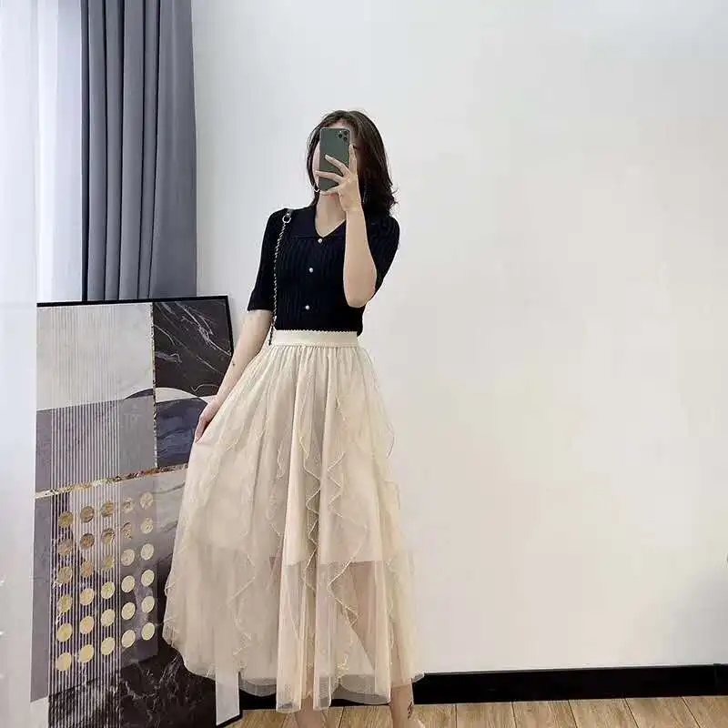 

High Quality Sweater Suits 2020 Summer Fashion 2 Piece Set Women Knitted Cardigan Tops+Ruffle Patchwork Mid-Calf Skirt Sets