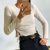 ladies split drawstring round neck pure color autumn casual top 2021 long sleeve short tight fashion top
