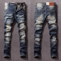 italian style fashion men jeans high quality retro blue elastic cotton slim fit ripped jeans men vintage designer denim pants