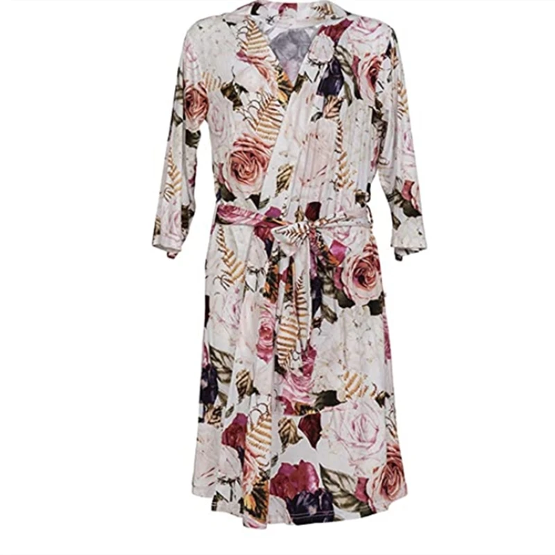 

Large size Pregnant Woman Bathrobe, Sleeping Pajamas, Flower Printed Long Sleeve Lace-up Waist Nightclothes