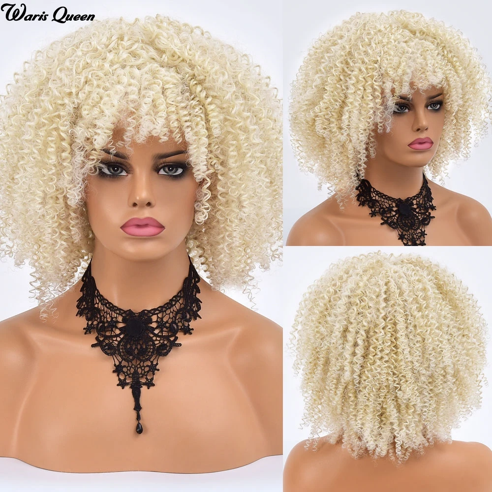 Peruca para Preto Perucas com Franja Resistente ao Calor Cabelo Curto Loiro Afro Kinky Encaracolado Feminino Sintético Glueless Cosplay