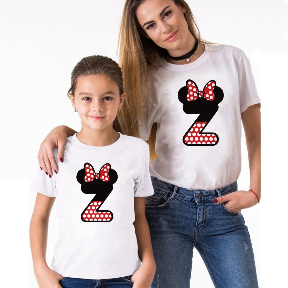 Matching Family T Shirts Summer Short Sleeve ABC Minnie Mouse Printed Cute Kawaii Tshirts Kids Boys Girls Tee Tops | Мать и ребенок