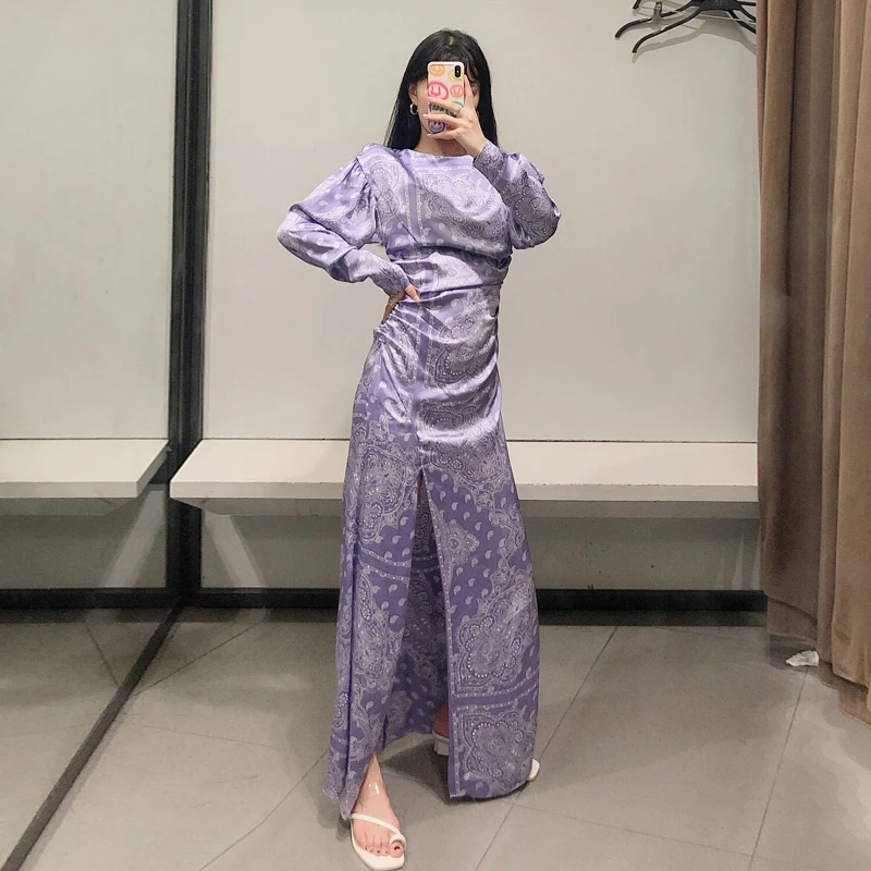 

High Quality Stain Print Female Long dress 2020 Autumn Long sleeve pleated Split women maxi dresses Vestidos Party YNZZU YD476