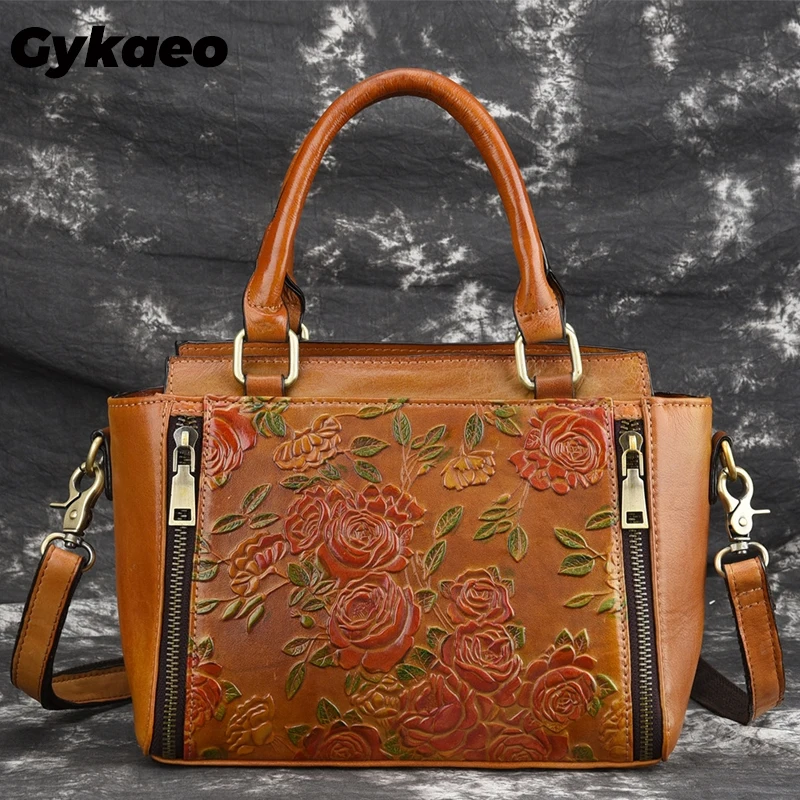 

2022 Summer Women Genuine Leather Totes Bag Ladies Floral Zipper Flap Pocket Versatile Vintage Handbag Crossbody Shoulder Bags