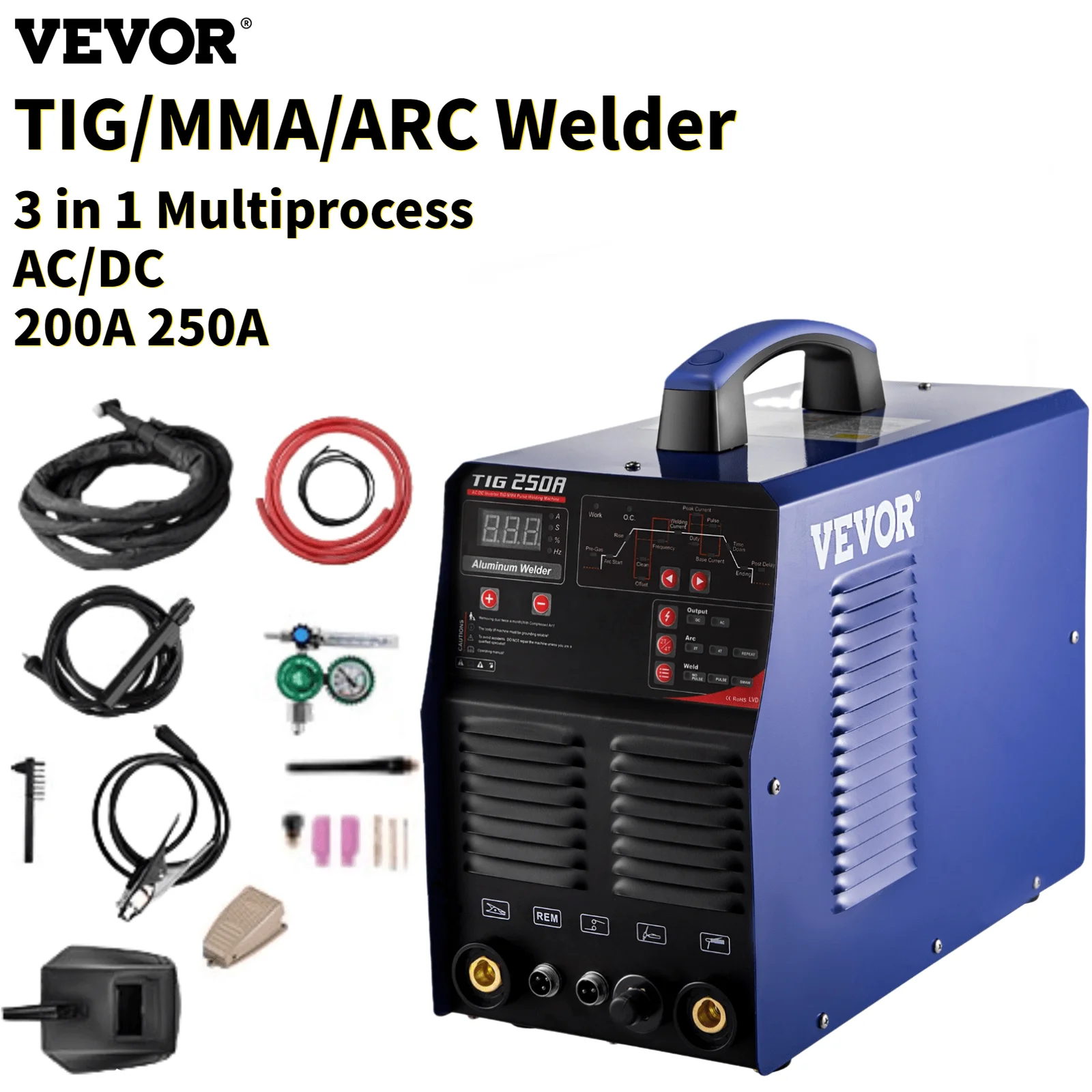 

VEVOR AC/DC 200/250A TIG/MMA/ARC IGBT инвертор, алюминиевый сварочный аппарат 3 в 1, многопроцессорный синергический сварочный аппарат для ремонта