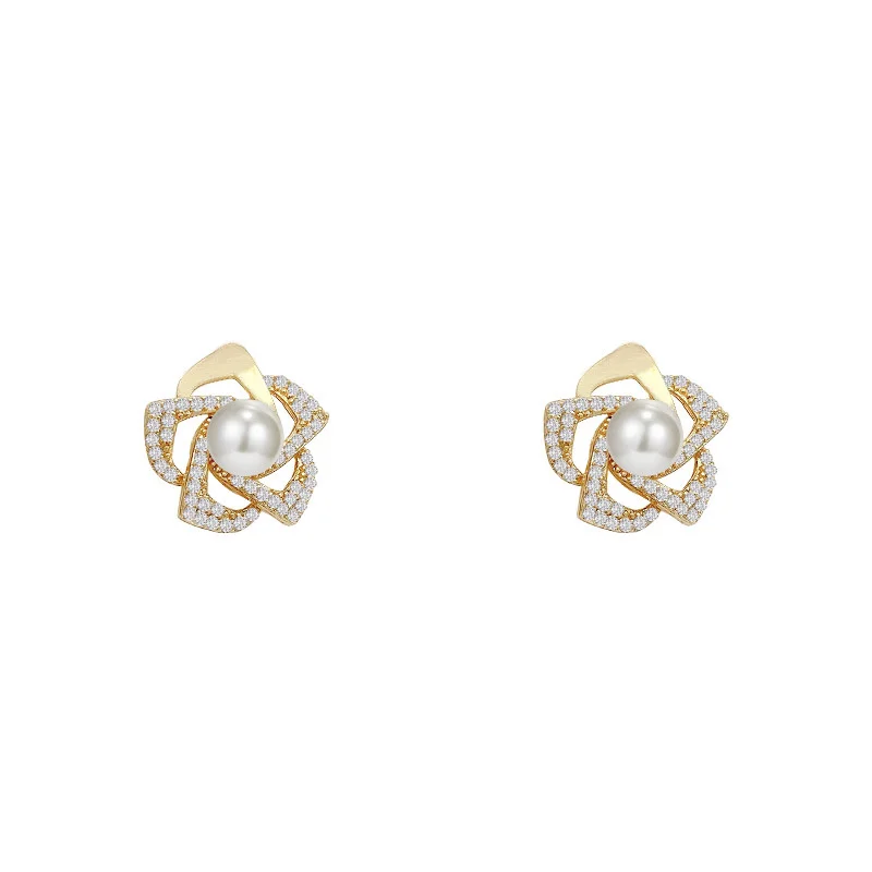 

Pearl Dripping Flower Camellia Stud Micro Inlaid Zircon Silver Needle 2021 Hyperbole Hot Sale Earrings European Bridal