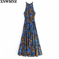 xnwmnz fashion women robe leaf print tank dress ladies new arrival sleeveless midi sundress with slash summer womens dress 2021