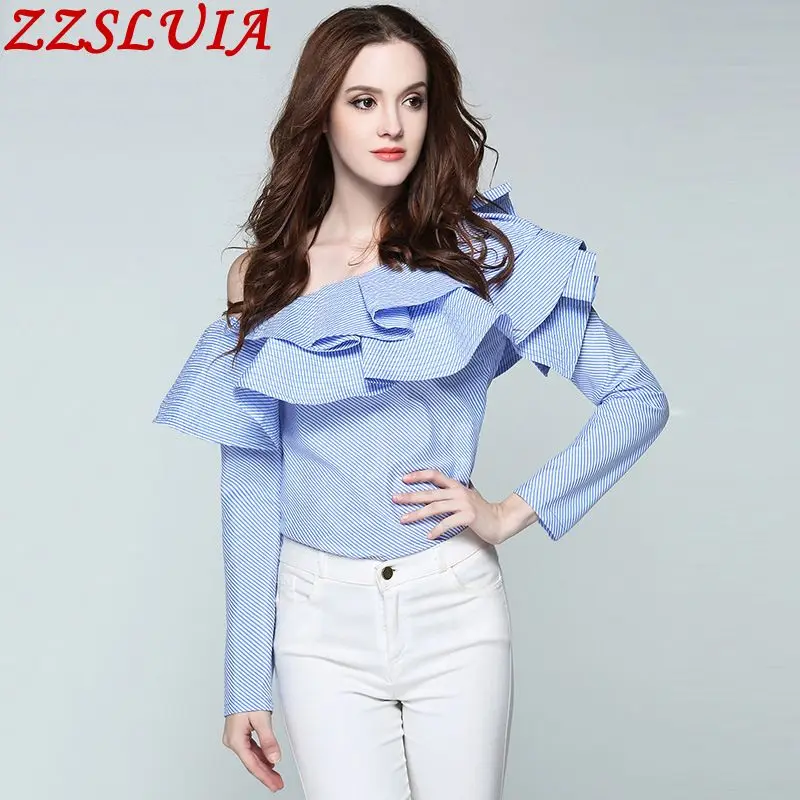 

Casual Striped Blouses For Women Skew Collar One Shoulder Long Sleeve Ruffles Design Shirts Fashion Ladies Tops Female Clothing