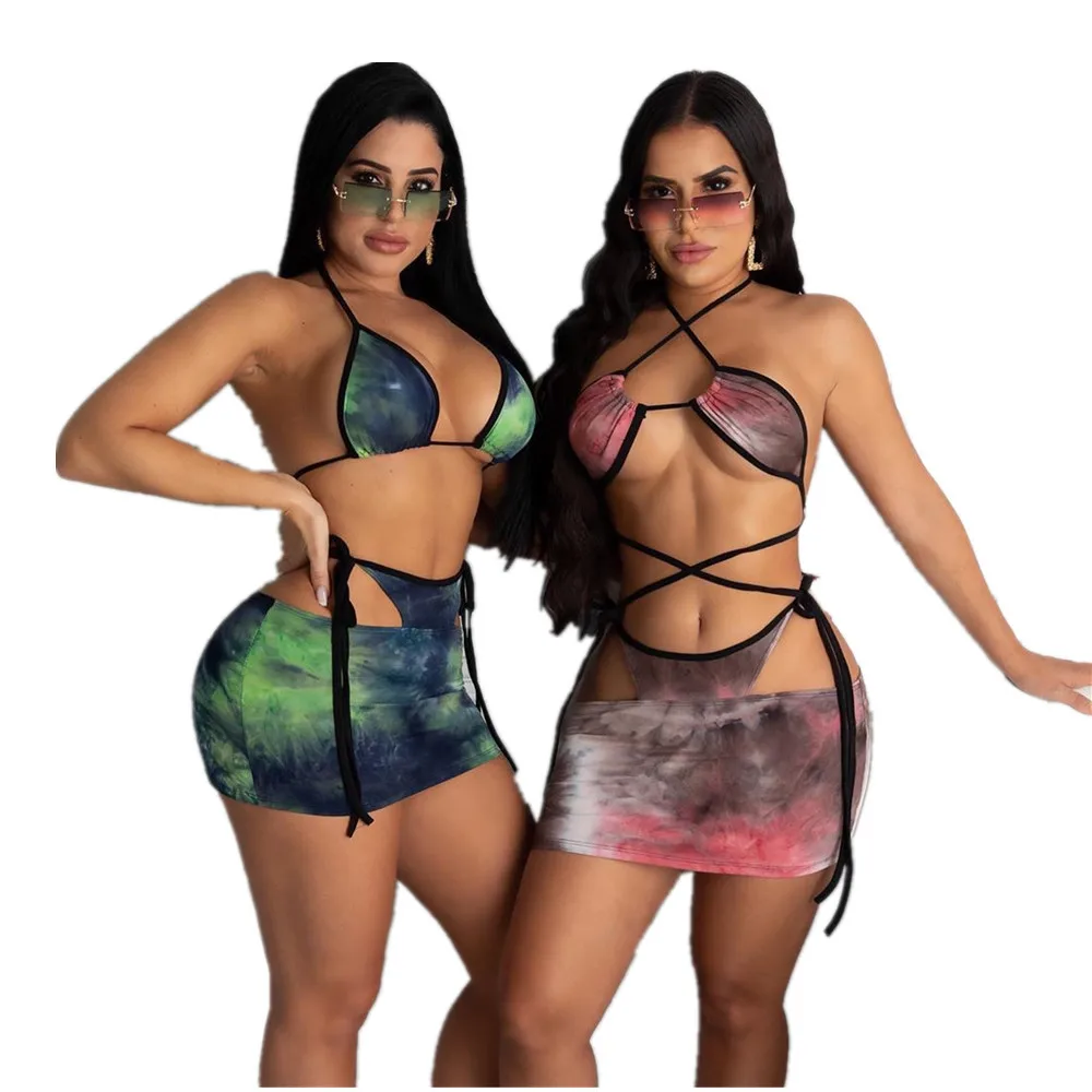 

Europe and the United States sexy bikini 2021 new women's printed three-piece swimsuit quickly sold through tie-dye bikini