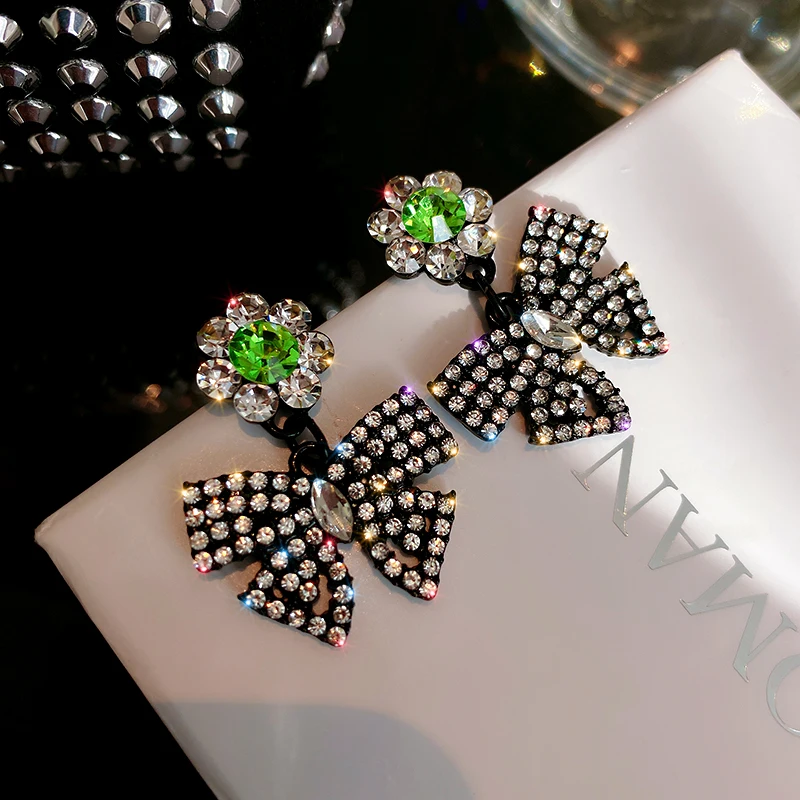 

Black Bow Drop Earrings Elegant Rhinestone Jewelry 2022 Trend Korean Fashion Women's Earrings