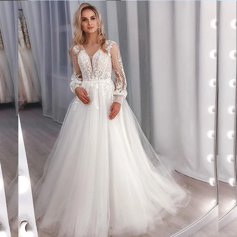 

V-Neck A-Line Lace Appliques Court Train Wedding Dress Elegant Long Sleeves Women Bridal Gowns Wedding Dress