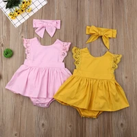 fashion summer baby girl fly sleeve solid romperhead band pink yellow dress newborn toddler princess style clothes baby
