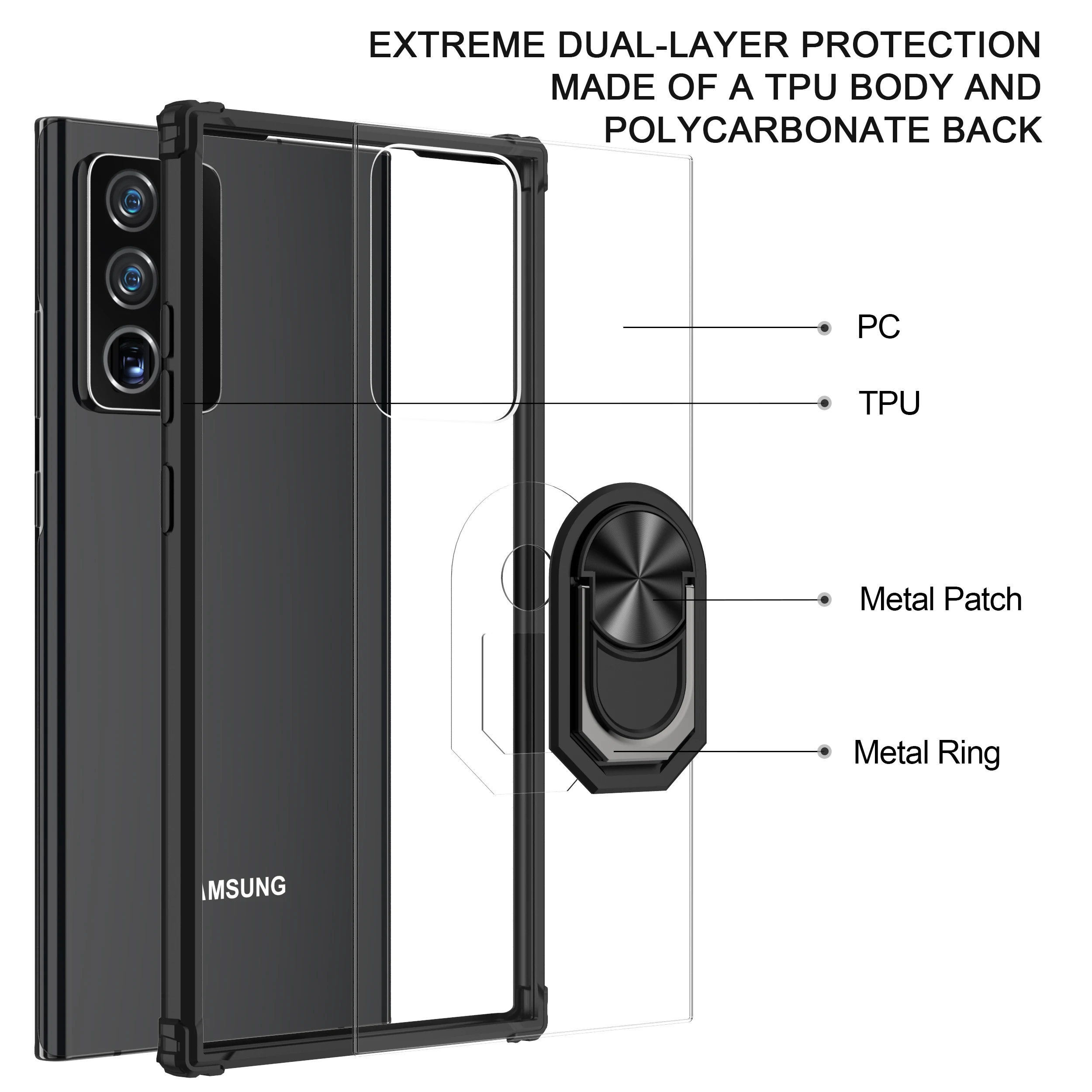 Military Acrylic Rugged Armor Shockproof Case For Samsung Galaxy Note 20 Ultra Magnetic Metal Ring Stand Transparent Back Cover
