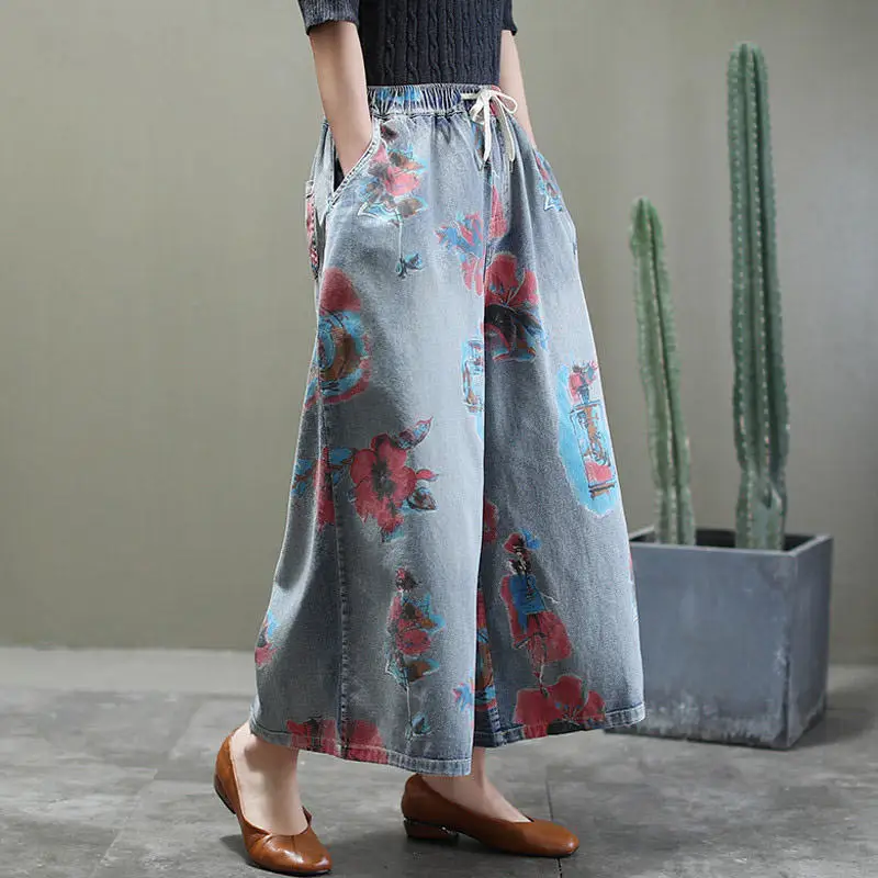 

Trousers New Retro Thin Section Nine-point Pants Print Wide-leg Elastic High Waist Cotton Loose Jeans Women Pantalon Mujer K537