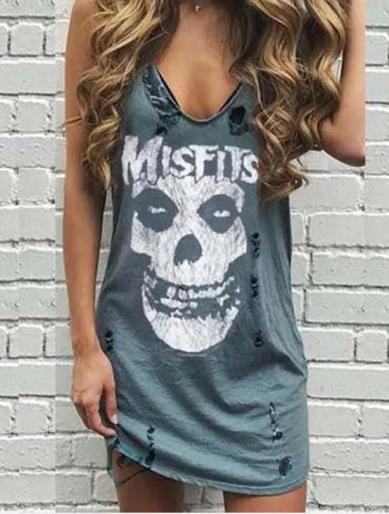 

New printed perforated vest T-shirt dress casual top women's wear