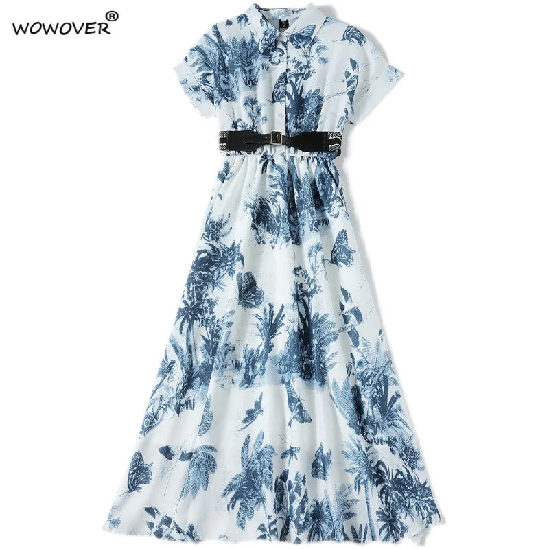 

Summer Style Fashion Runway Short Sleeve Shirt Collar Painting Print Belted Mid Calf Dresses for Women Elegant Holiday Vestidos